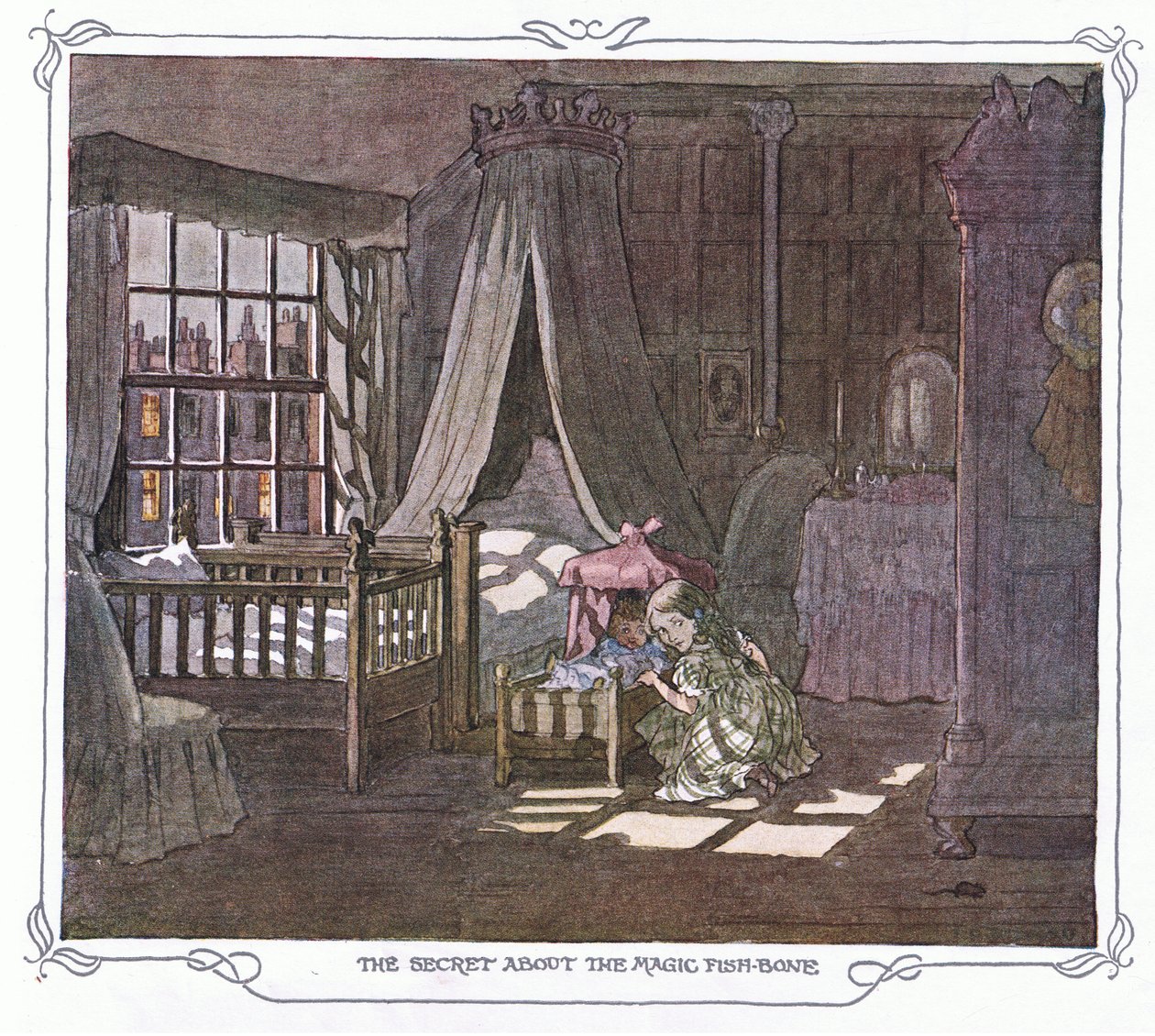 Het geheim van de magische visgraat, uit The Magic Fishbone pub.by Warne  Co, c.1940 (kleurenlitho) door Francis Donkin Bedford