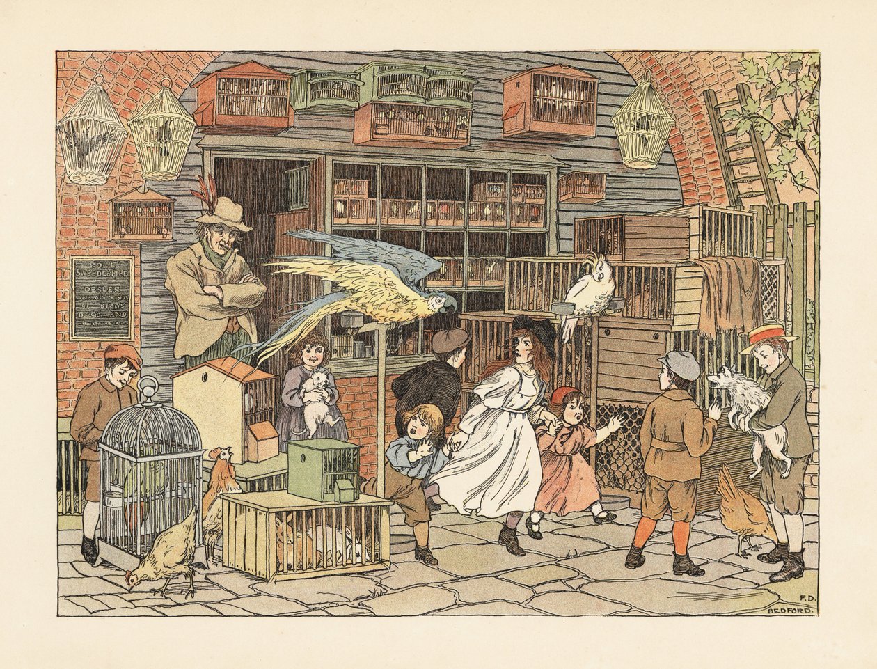 Victoriaanse kinderen spelen met papegaaien en kaketoes in de winkel van de vogelliefhebber of dierenwinkel. Chromolithografie naar een illustratie van Francis Donkin Bedford uit The Book of Shops van Edward Verrall Lucas. door Francis Donkin Bedford