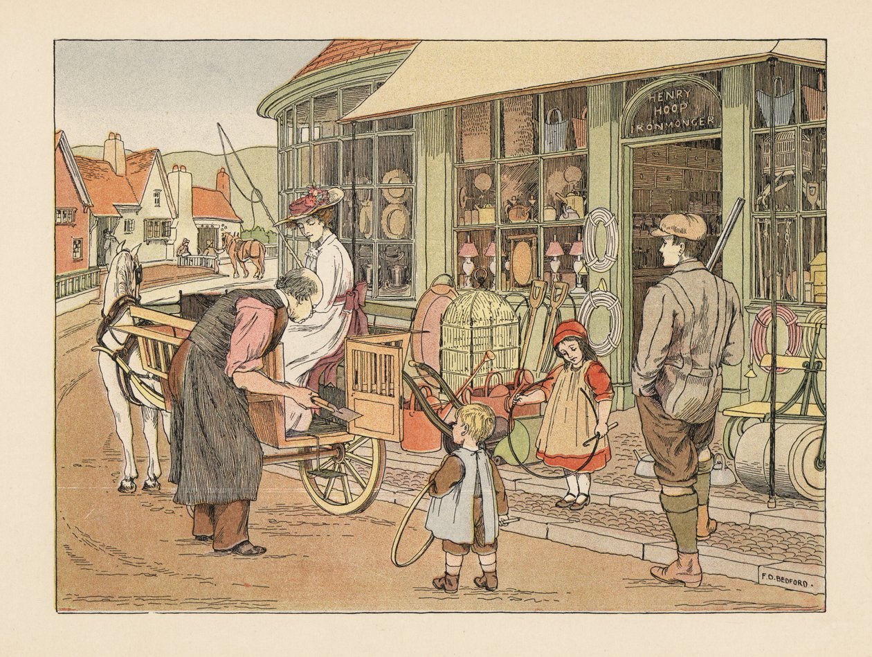Victoriaanse familie bij Henry Hoop, de ijzerhandelaar in het dorp. Chromolithografie naar een illustratie van Francis Donkin Bedford uit The Book of Shops van Edward Verrall Lucas. door Francis Donkin Bedford