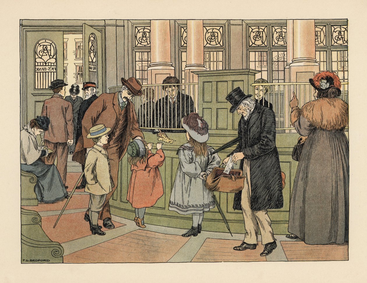Victoriaanse familie bij een bank die geld opneemt bij een kassier met bankbiljetten. Chromolithografie naar een illustratie van Francis Donkin Bedford uit The Book of Shops van Edward Verrall Lucas. door Francis Donkin Bedford