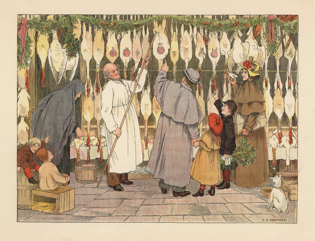 Victoriaanse familie kiest een kalkoen voor Kerstmis bij de poelier. Slager in kiel met haak verwijdert een vogel. Chromolithografie naar een illustratie van Francis Donkin Bedford uit The Book of Shops van Edward Verrall Lucas. door Francis Donkin Bedford