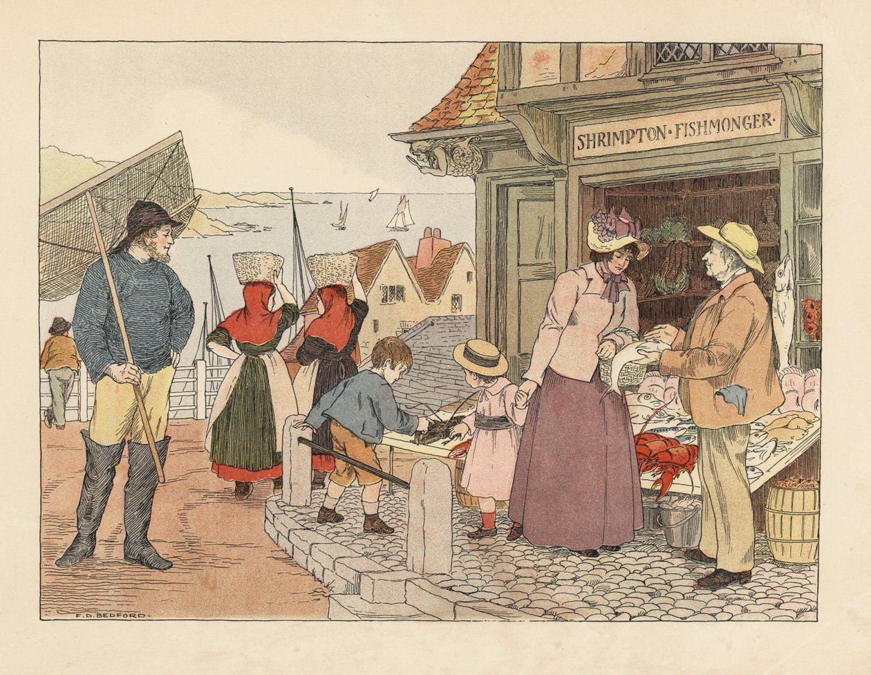 Victoriaanse viswinkel bij de kust. Visser in laarzen met net en viswijven met gympen. Chromolithografie naar een illustratie van Francis Donkin Bedford uit The Book of Shops van Edward Verrall Lucas. door Francis Donkin Bedford