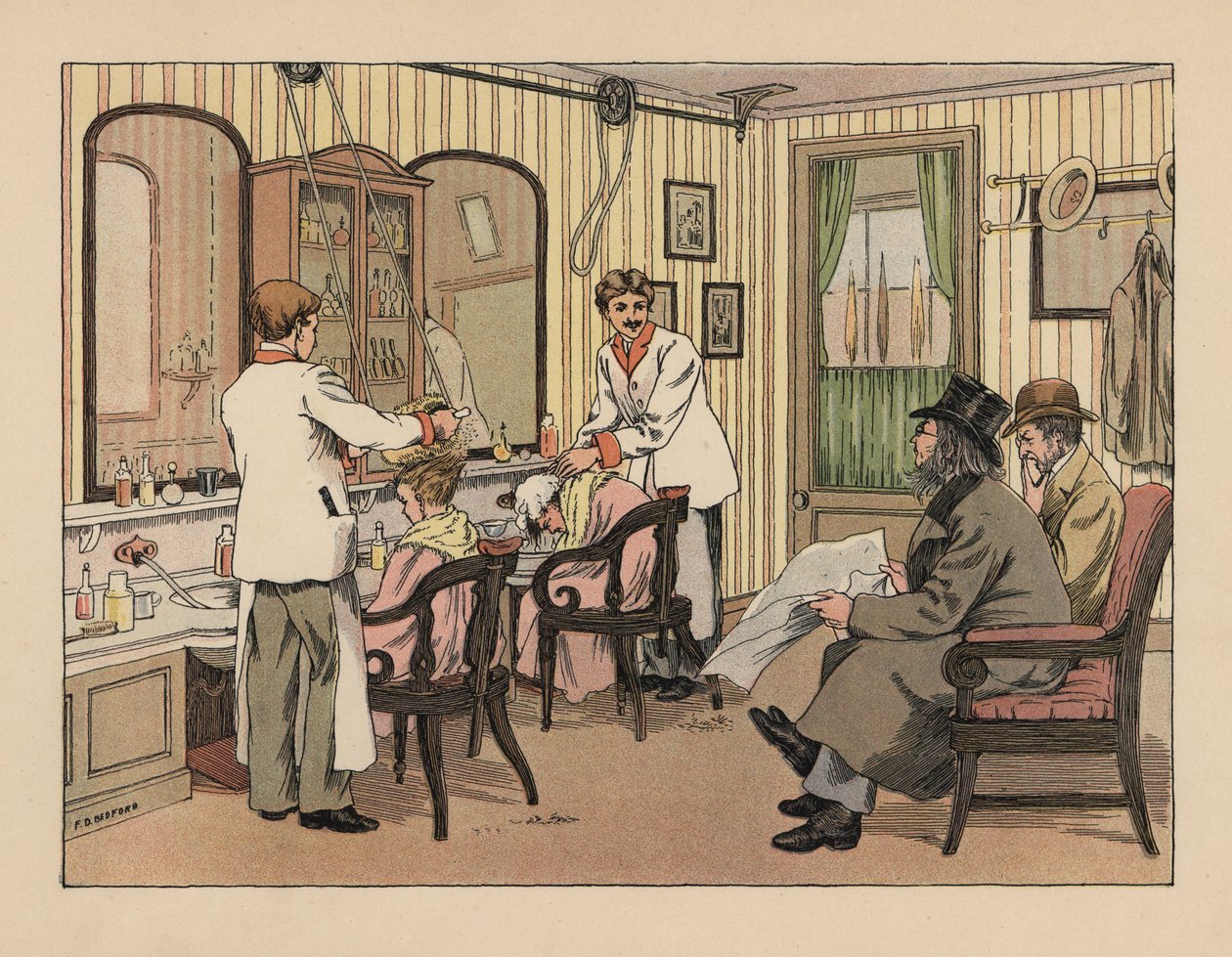 Victoriaanse heren die hun haar laten wassen en behandelen met een haarborstelmachine in een kapperszaak. Chromolithografie naar een illustratie van Francis Donkin Bedford uit The Book of Shops van Edward Verrall Lucas. door Francis Donkin Bedford