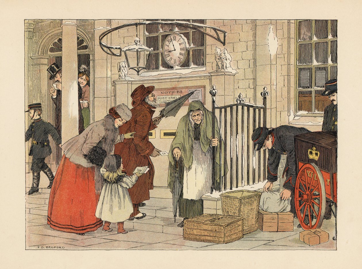 Victoriaanse mensen posten brieven in de buurt van eerste kerstdag op het postkantoor. Chromolithografie naar een illustratie van Francis Donkin Bedford uit The Book of Shops van Edward Verrall Lucas. door Francis Donkin Bedford