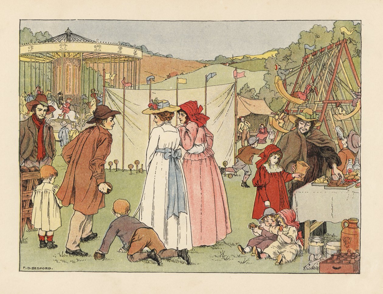 Victoriaanse jongeren bij een kokosnootschuwe, kinderen op schommels en draaimolen op een dorpskermis. Chromolithografie naar een illustratie van Francis Donkin Bedford uit The Book of Shops van Edward Verrall Lucas. door Francis Donkin Bedford
