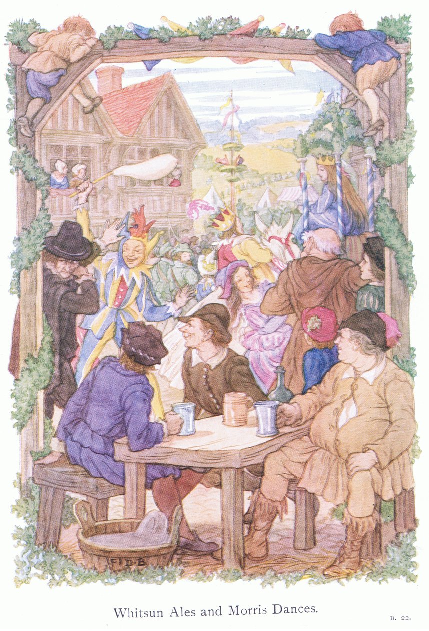 Pinksterbier en Morrisdansers (kleurenlitho) door Francis Donkin Bedford
