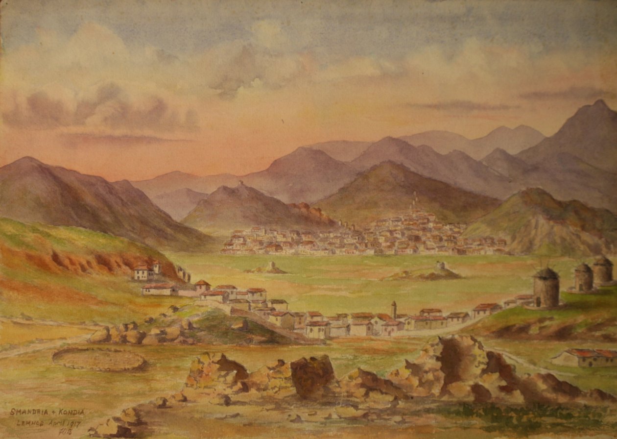 Gezicht op Smandria en Kondia op het eiland Lemnos, Griekenland, april 1917 (aquarel op papier) door Francis Doveton Bridges