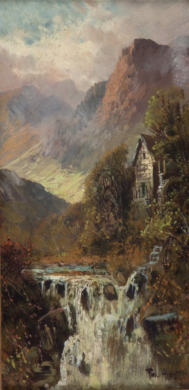 Molen, waterval en berg, Bodhyfryd (olieverf op board) door Francis E. Jamieson