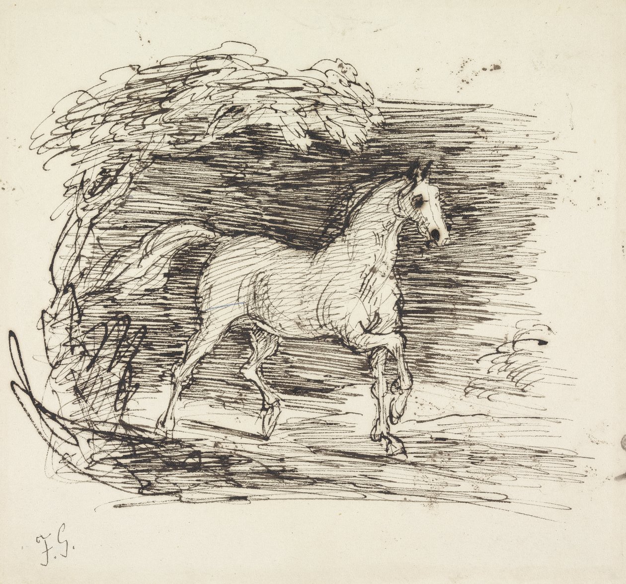 Een grijs paard dravend uit een bos door Francis Grant