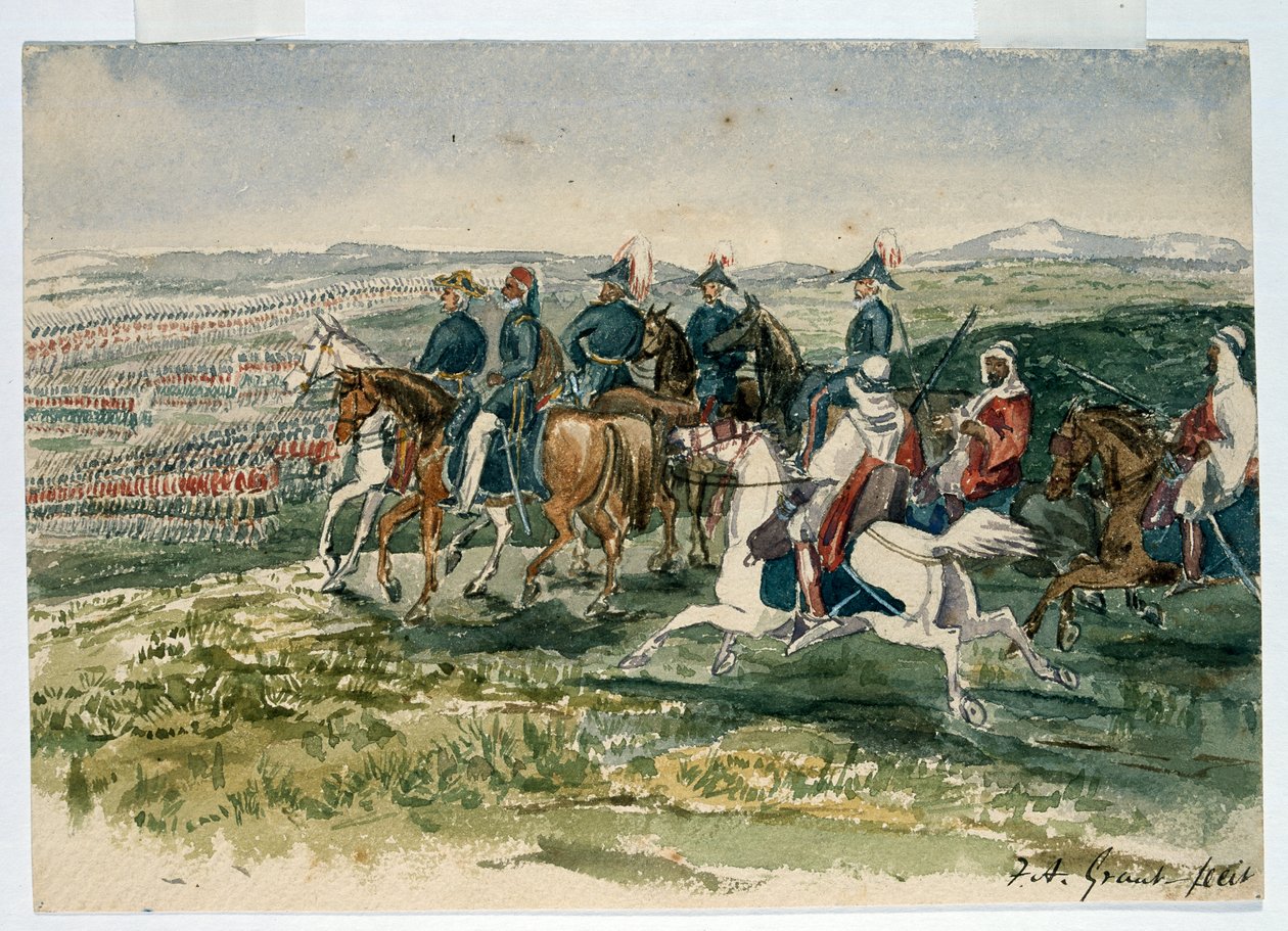 De Garde en Hooglanders ontvangen door Omar Pasha en Maarschalk St Arnaud onder bevel van de Hertog van Cambridge bij Aladyn, 6 juli 1854 door Francis Grant