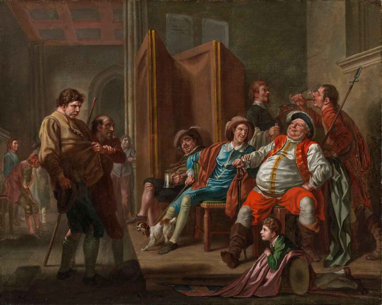 Falstaff werft rekruten uit Shakespeares „Hendrik IV”, deel II, akte III door Francis Hayman