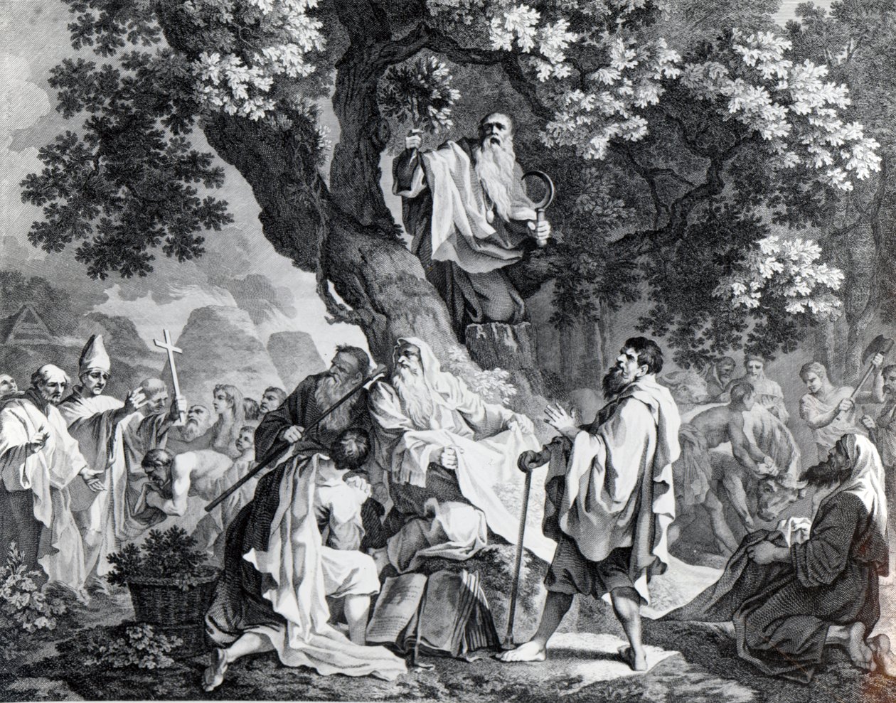 De Druïden, of de Bekering van de Britten tot het Christendom, gegraveerd door Simon Francois Ravenet, gedrukt in 1778 door Francis Hayman