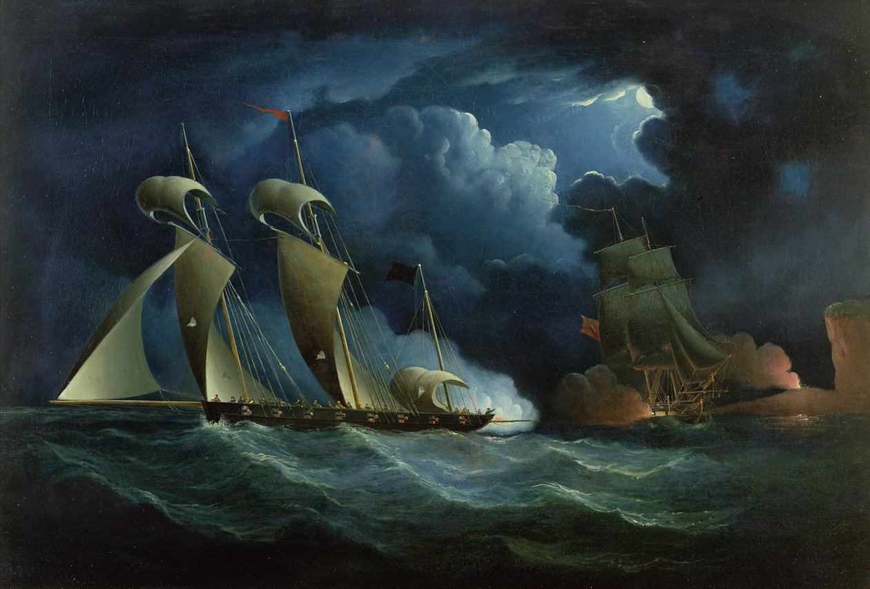 Een Douane Brig die de Piraat Lugger Will Watch Aanvalt door Francis Hustwick