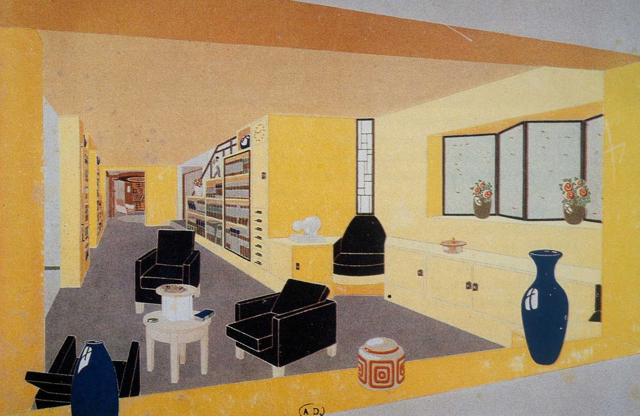 Perspectief Fumoir voor Amdassade Francoise, door Francis Jourdain (1876-1958), gepresenteerd op de Internationale Tentoonstelling van Decoratieve Kunsten in Parijs in 1925, Frankrijk, 20e eeuw door Francis Jourdain
