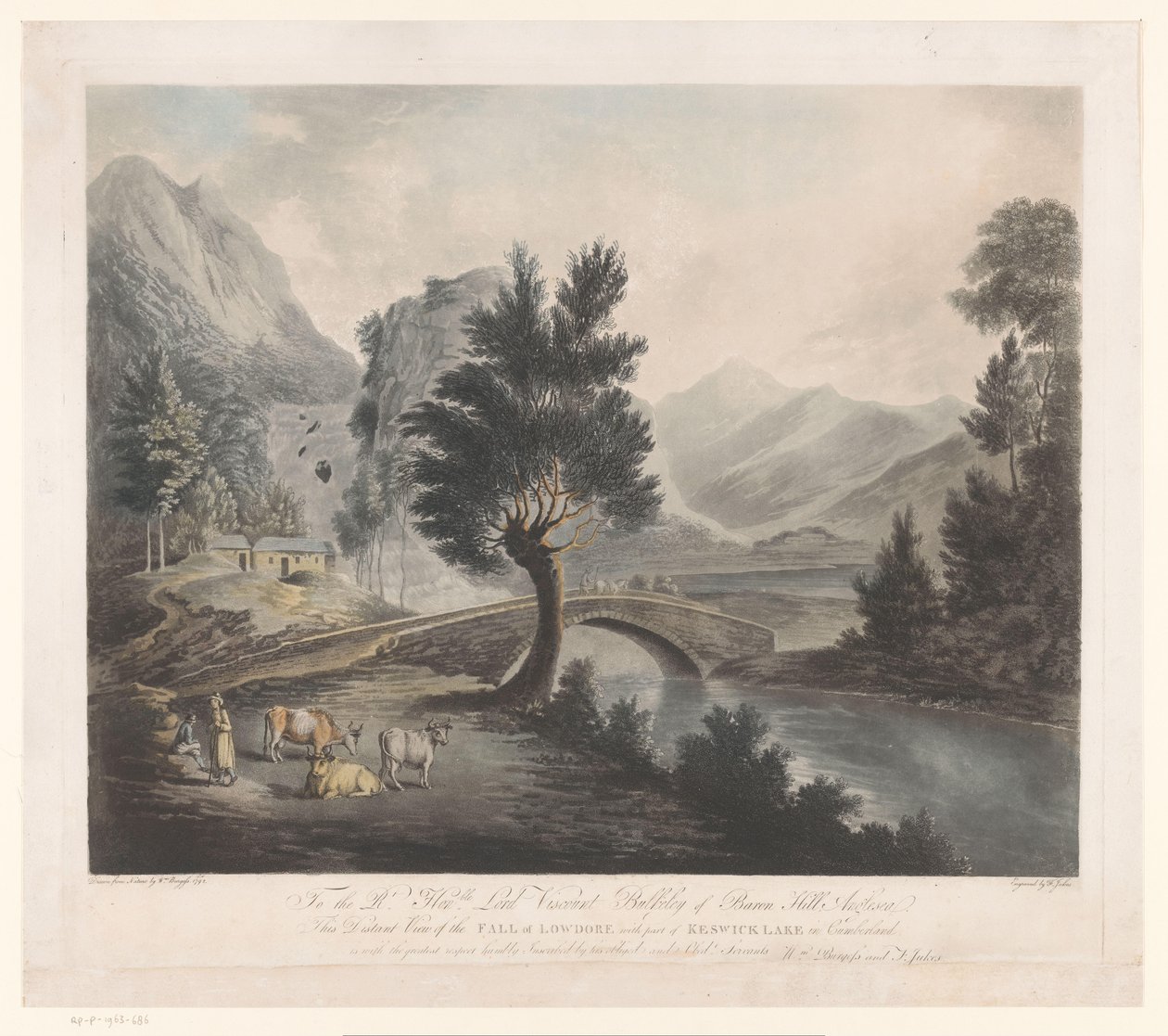 Gezicht op het meer Keswick met de Lodore-watervallen door Francis Jukes