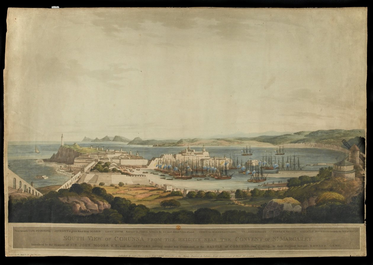 Zuidelijk uitzicht op Corunna vanaf de hoogten bij het klooster van St. Margaret, gegraveerd door H. Merke, gepubliceerd in 1809 door Francis Lee
