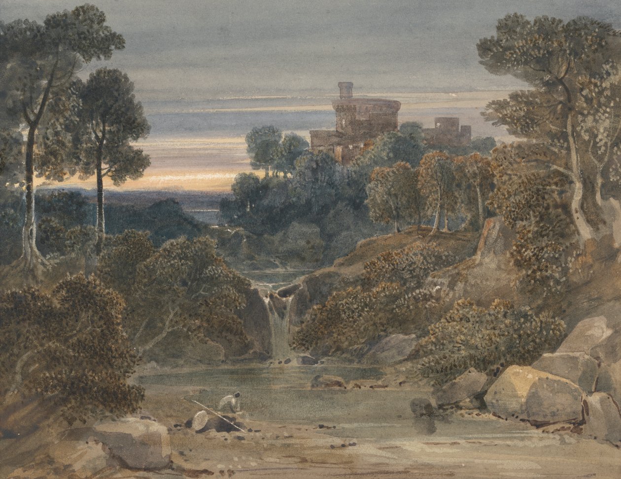 Landschap met kasteel, waterval en stroom op de voorgrond door Francis Oliver Finch
