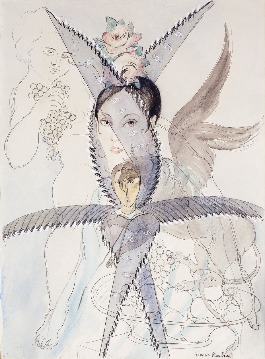 Transparantie - Hoofd en gevleugeld paard; Transparantie - Tete et Cheval Aile, c.1928 (aquarel, gouache, zwart krijt en potlood op papier) door Francis Picabia