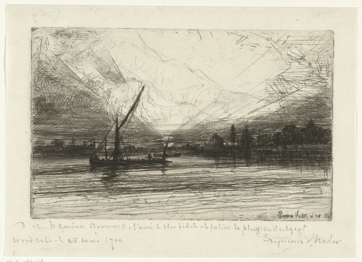 Zonsondergang op de Theems door Francis Seymour Haden (Sir) (signed by artist)