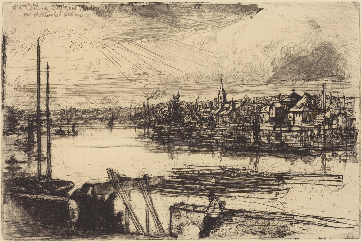 Oud Chelsea, vanuit Whistlers raam (Battersea Reach) door Francis Seymour Haden