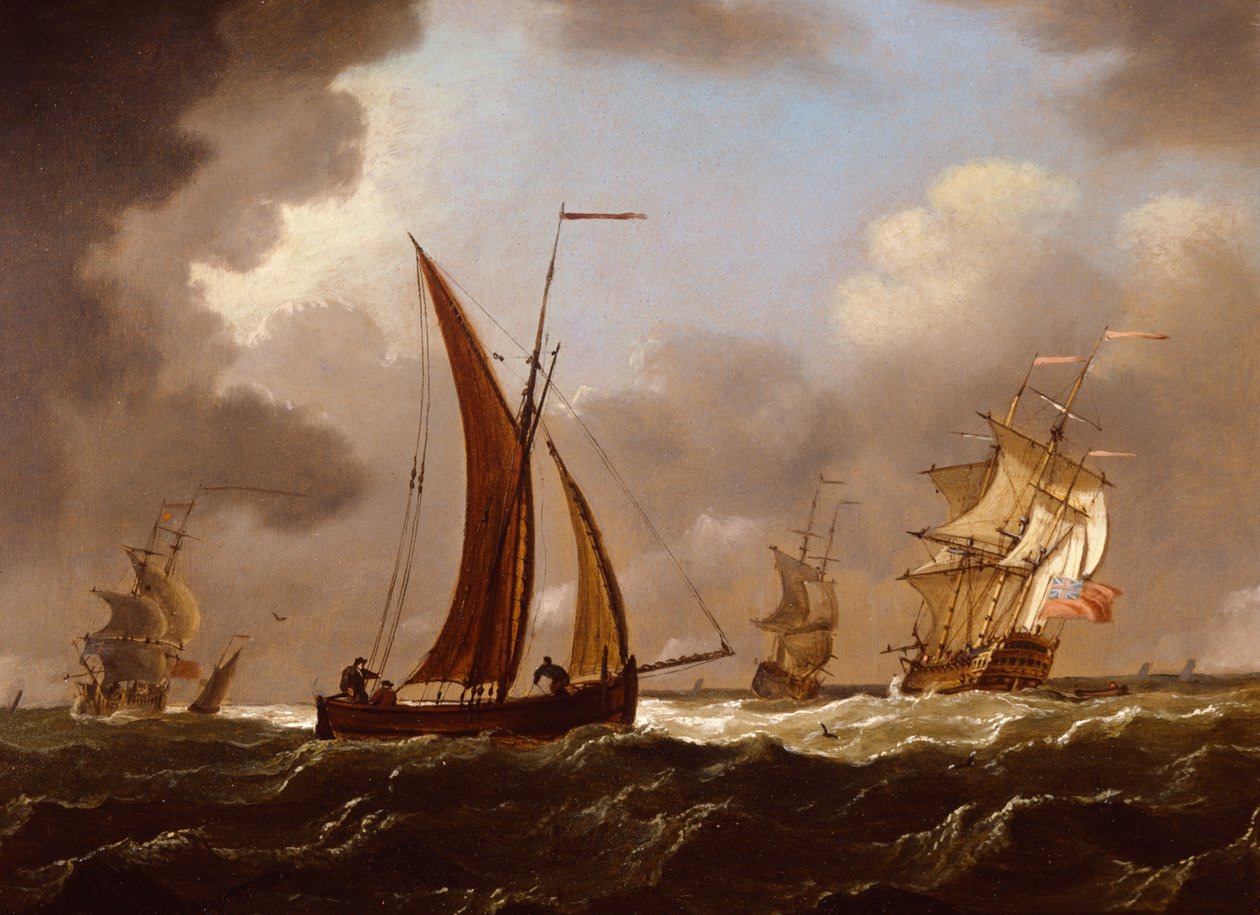 Britse Oorlogsschepen en Vissersboten in een Strakke Bries door Francis Swaine