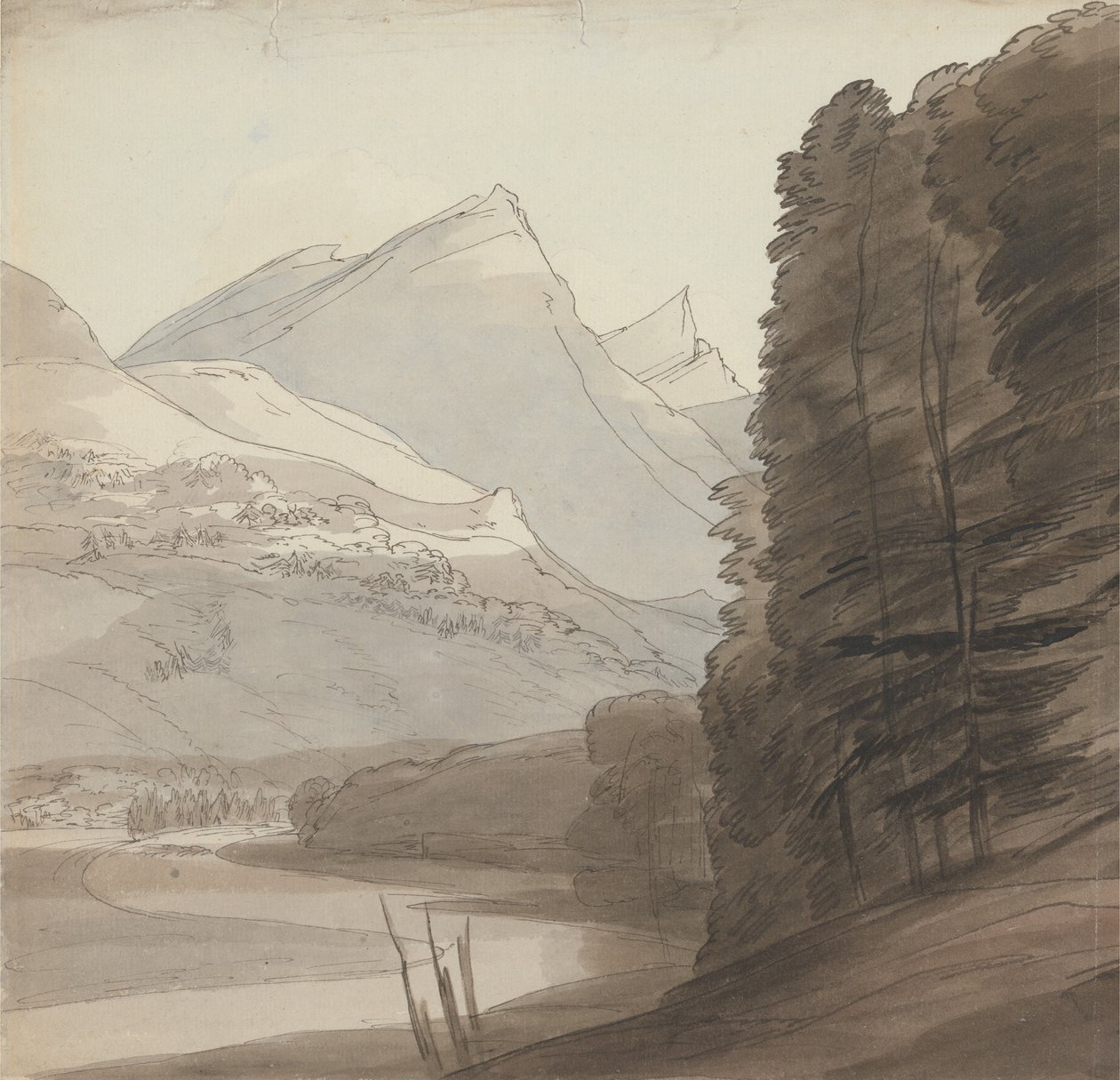Aan de oever van de Rijn nabij de bron, licht van rechts door Francis Towne