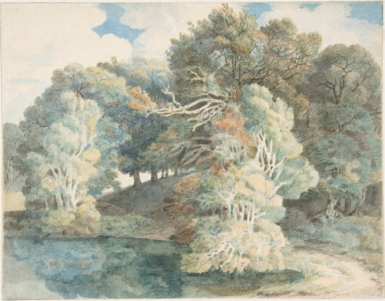 Bomen aan het meer, Peamore Park, in de buurt van Exeter, Devon door Francis Towne