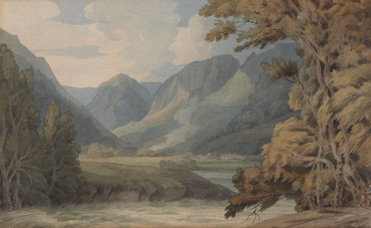 Gezicht in Borrowdale op Eagle Crag en Rosthwaite door Francis Towne