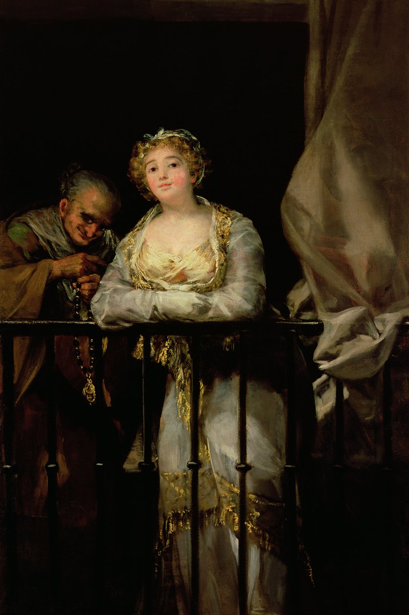 Maja en Celestina op een balkon, 1805-12 door Francisco de Goya