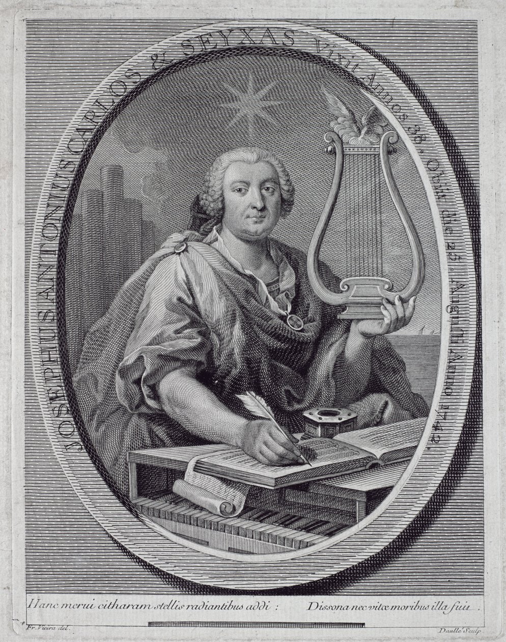 Portret van Jose Carlos Seixas (1704-42) gegraveerd door John Daulle (1703-63) door Francisco Vieira