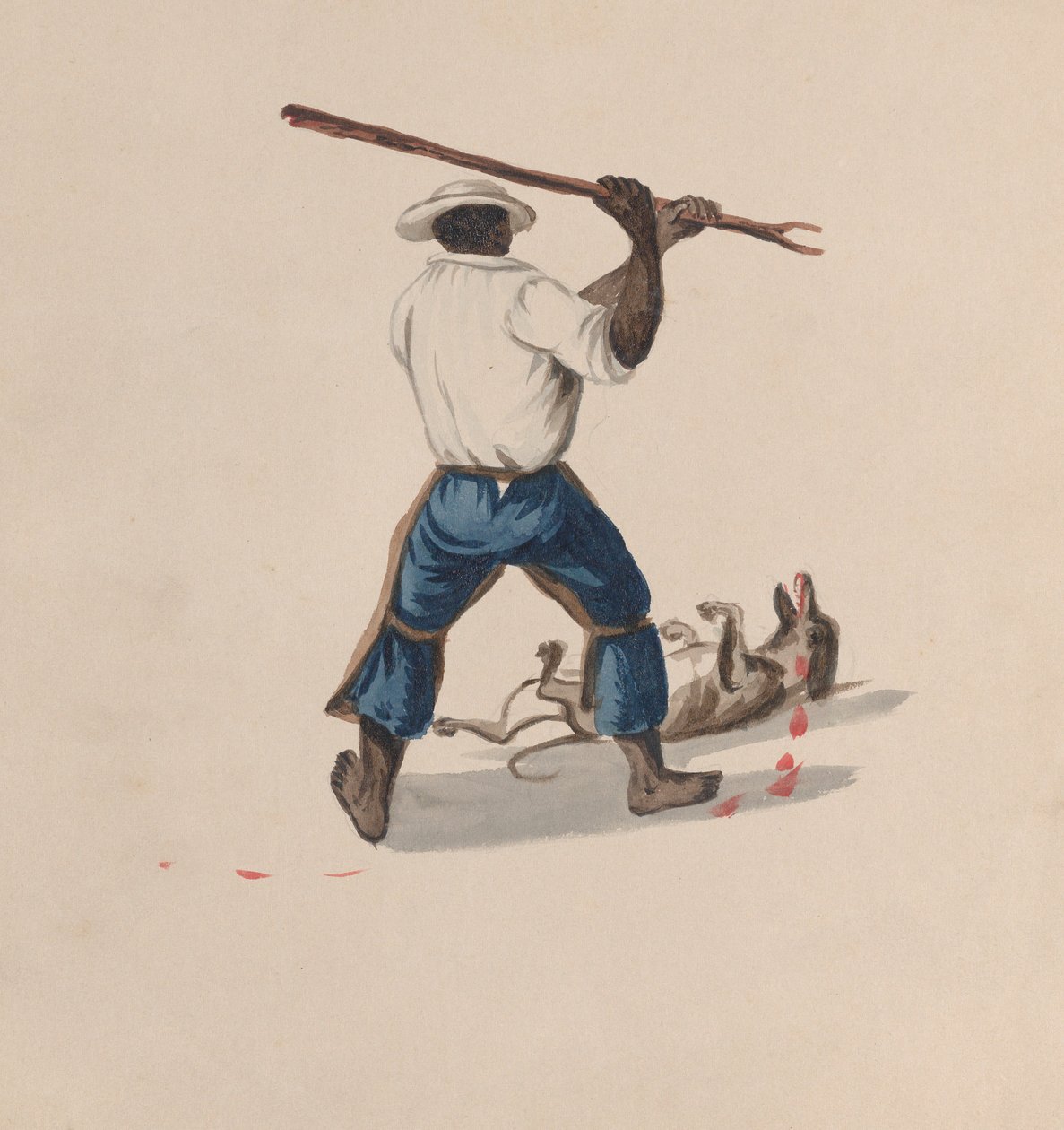 Een man van achteren gezien die een hond met een stok slaat, ca. 1848 door Francisco