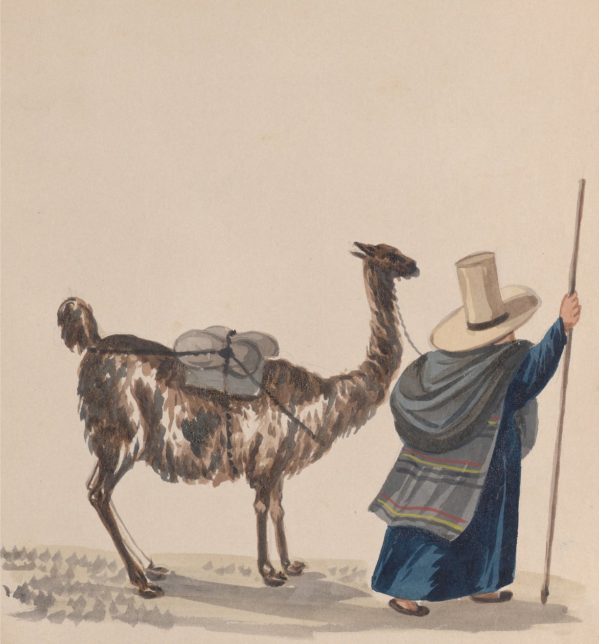 Een vrouw die met een lama loopt, uit een groep tekeningen die Peruaanse kostuums uitbeelden door Francisco