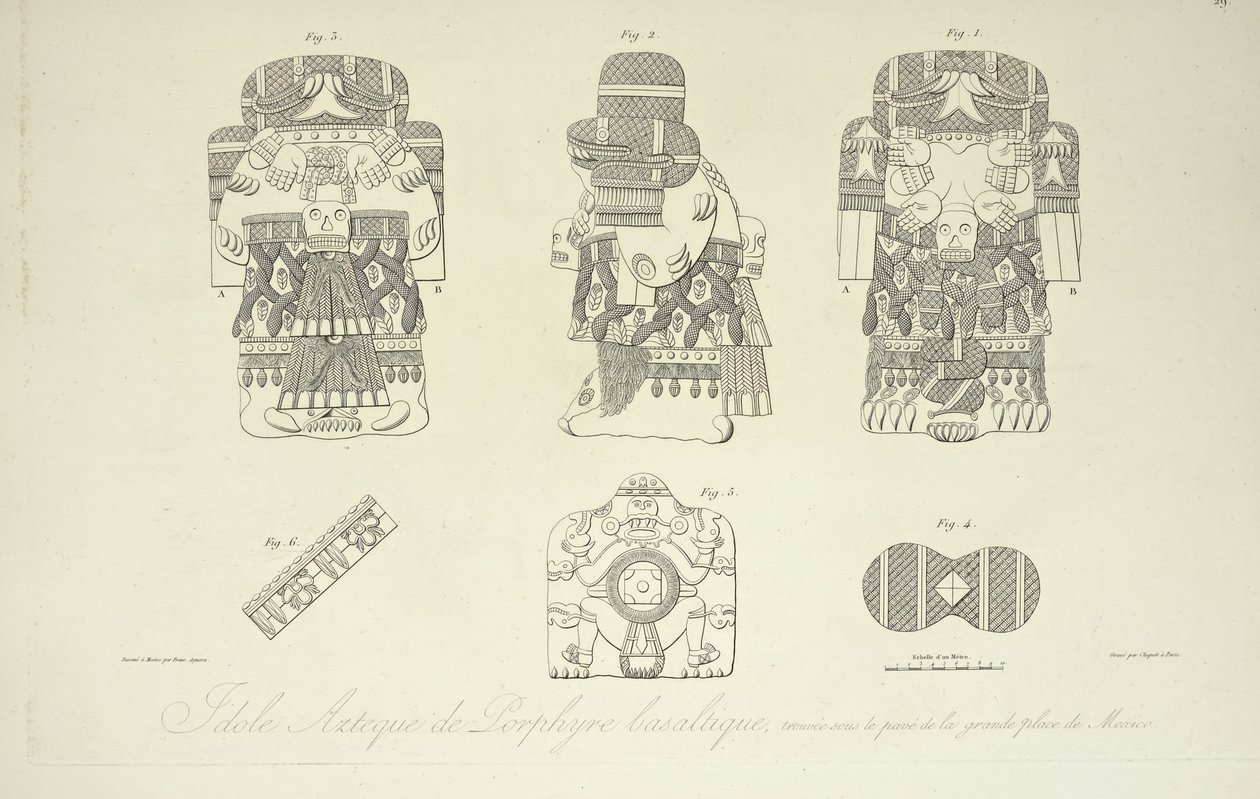 Azteekse idool van basaltporfier, gevonden onder het Grote Plein van Mexico-Stad, gegraveerd door Cloquet, illustratie uit 