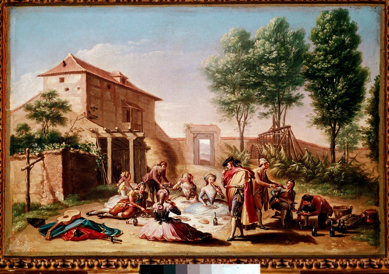Lunch op het platteland: jongeren van de bourgeoisie houden een picknick. Schilderij door Francisco Bayeu y Subías door Francisco Bayeu y Subias