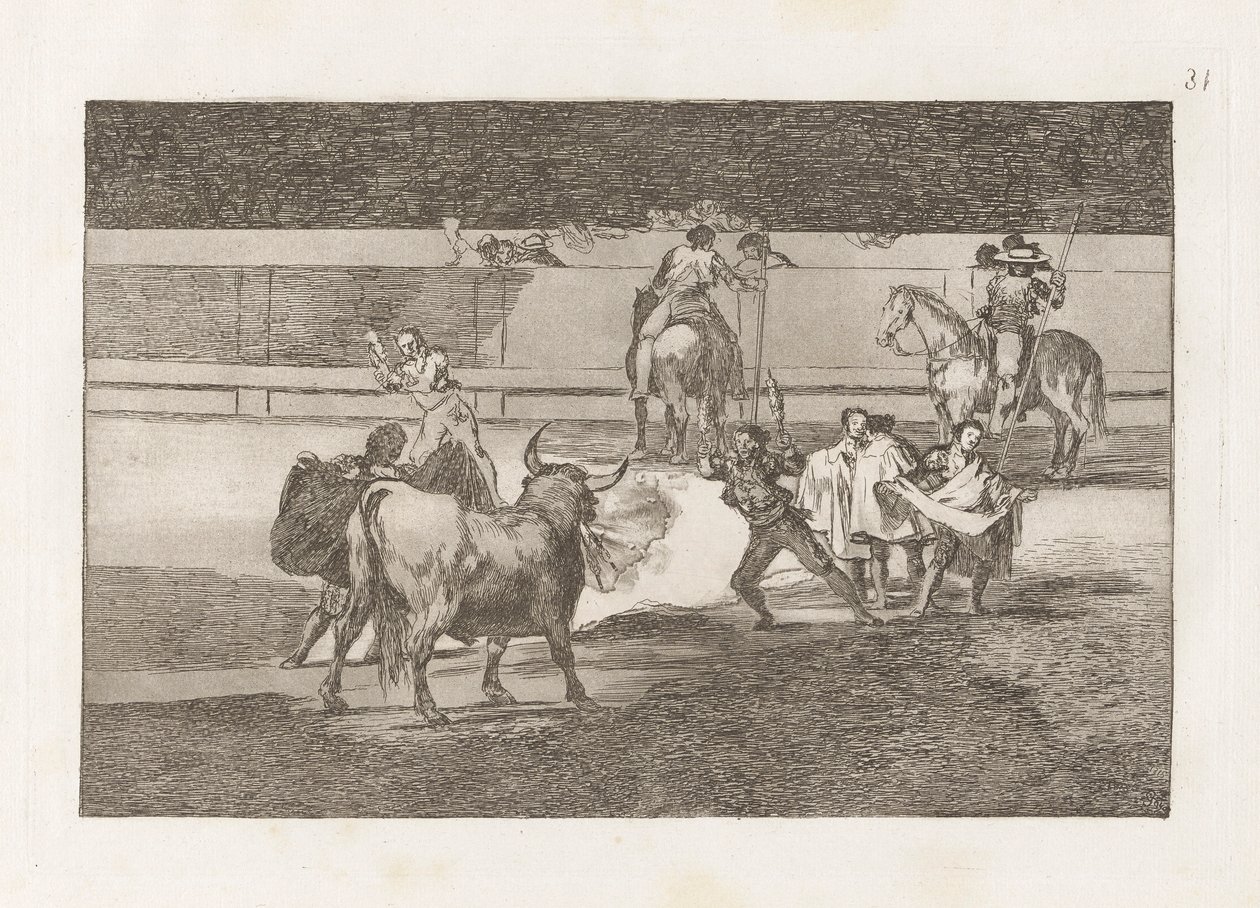 Banderillas met vuurwerk, Plaat 31 uit La tauromaquia door Francisco de Goya