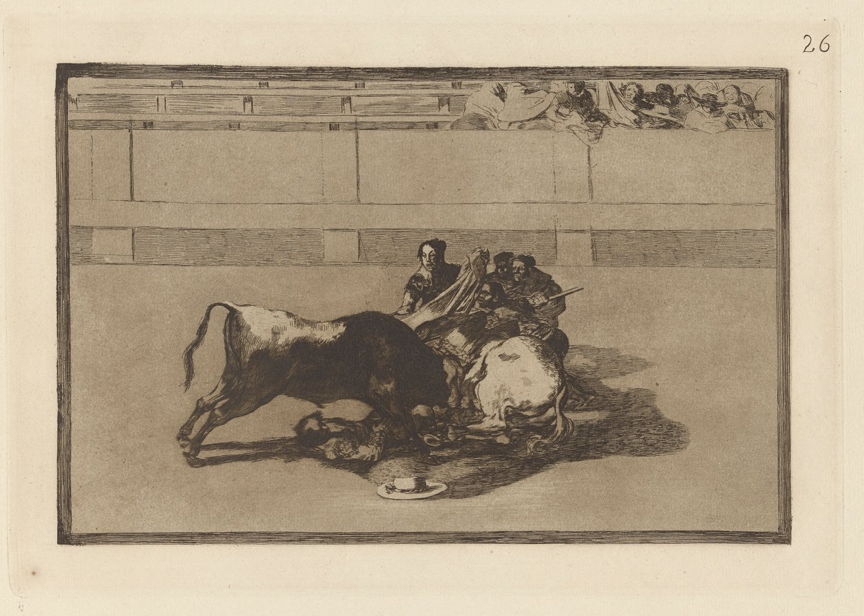 Een picador wordt van zijn paard geworpen en valt onder de stier, Plaat 26 uit La tauromaquia door Francisco de Goya