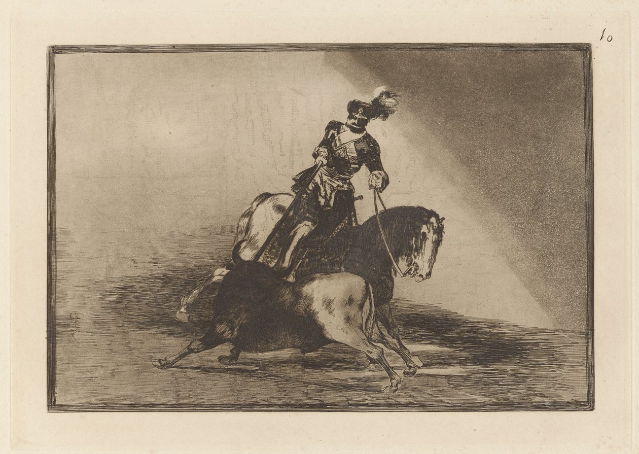 Carlos V. die een stier spietst in de arena van Valladolid, Plaat 10 uit La tauromaquia door Francisco de Goya