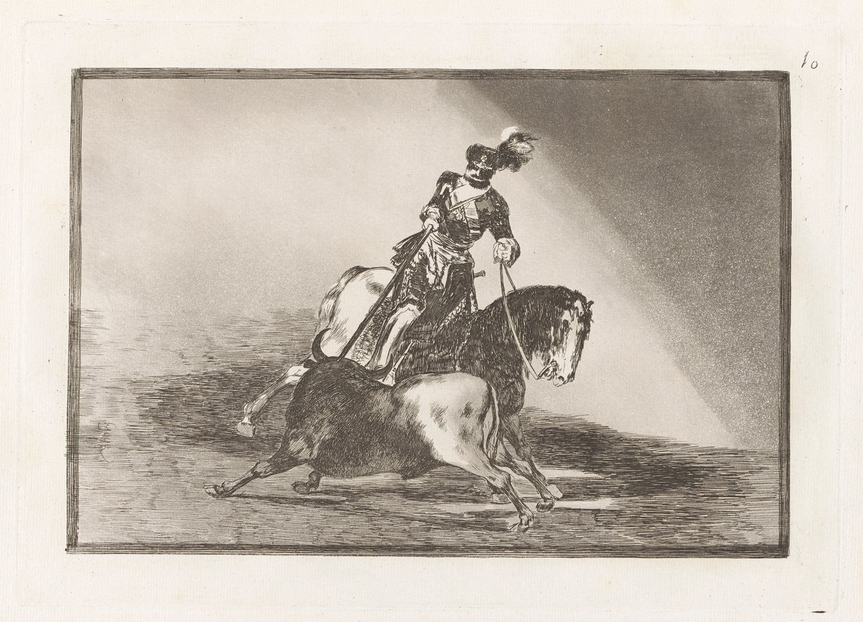 Carlos V. steekt een stier in de arena van Valladolid, Plaat 10 uit La tauromaquia door Francisco de Goya