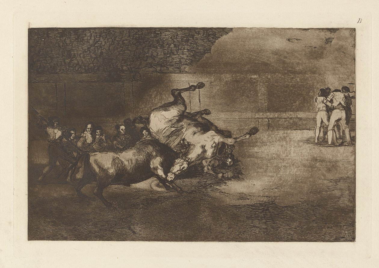 Paard Omvergeworpen door een Stier, Plaat B uit La tauromaquia (derde editie) door Francisco de Goya