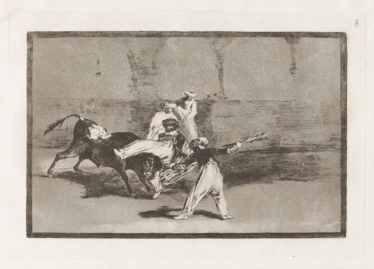 Cogida de un moro estando en la plaza (Een Moor Gevangen door de Stier in de Ring), Plaat 8 uit La tauromaquia door Francisco de Goya