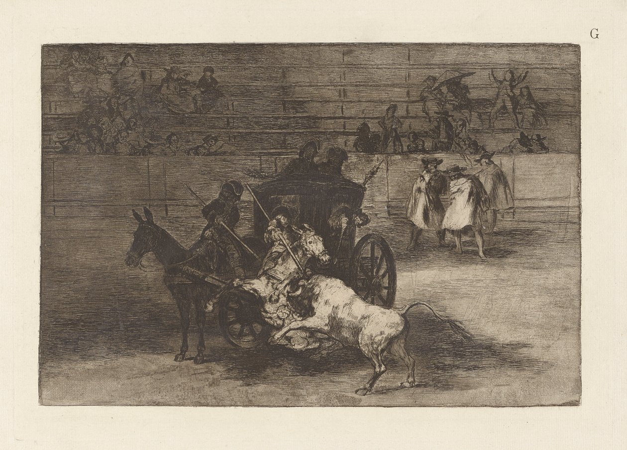 Gevecht in een koets met twee muilezels, Plaat G uit La tauromaquia (derde editie) door Francisco de Goya
