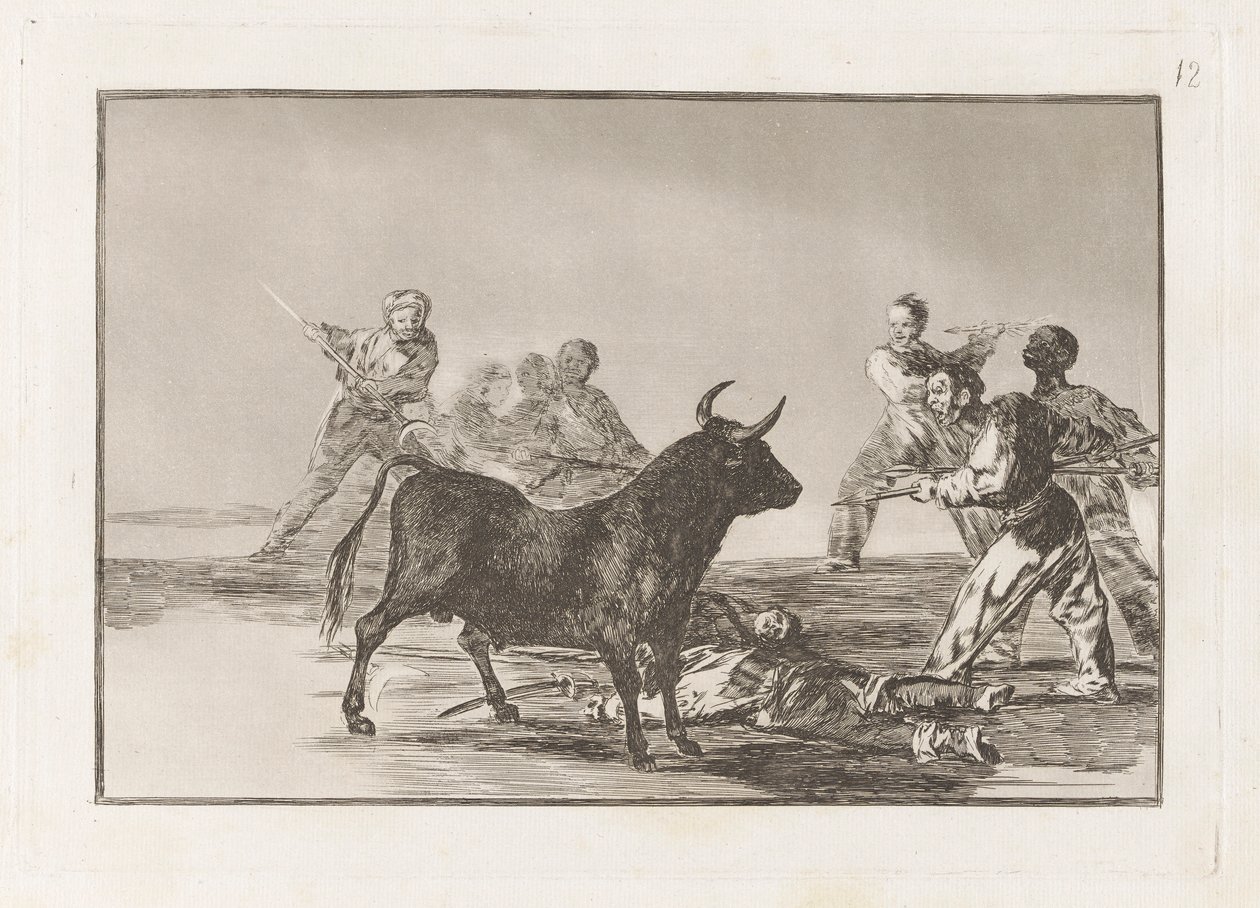 Desjarrete de la canalla con lanzas, medias-lunas, banderillas y otras armas, Plaat 12 uit La tauromaquia door Francisco de Goya