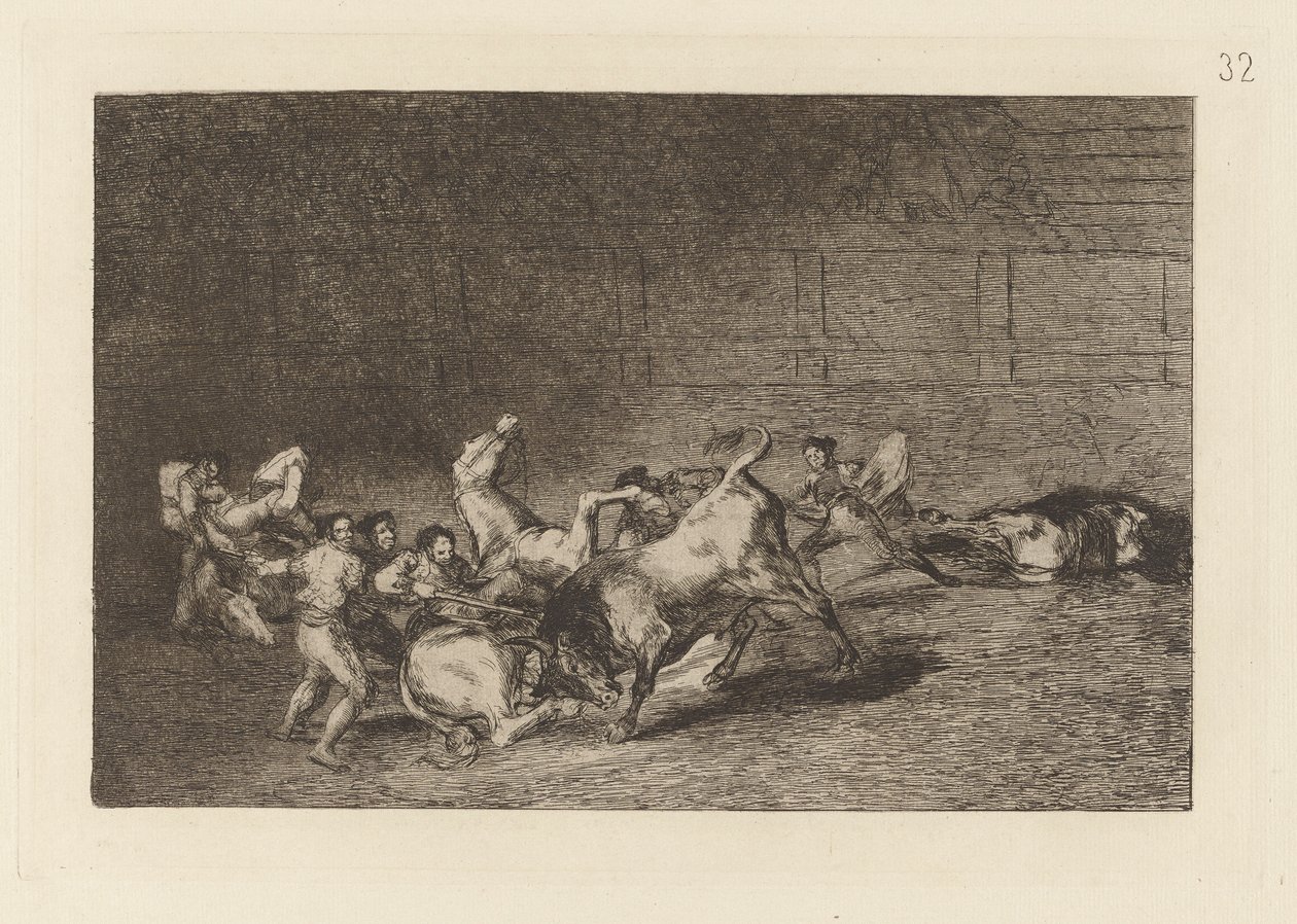 Dos grupos de picadores arrolados de seguida por un solo toro, Plaat 32 uit La tauromaquia door Francisco de Goya