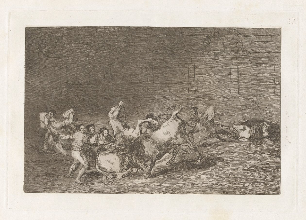 Twee teams van picadors geworpen de een na de ander door een enkele stier, Plaat 32 uit La tauromaquia door Francisco de Goya