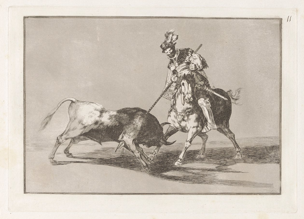 El Cid Campeador die een Andere Stier Lans, Plaat 11 uit La tauromaquia door Francisco de Goya