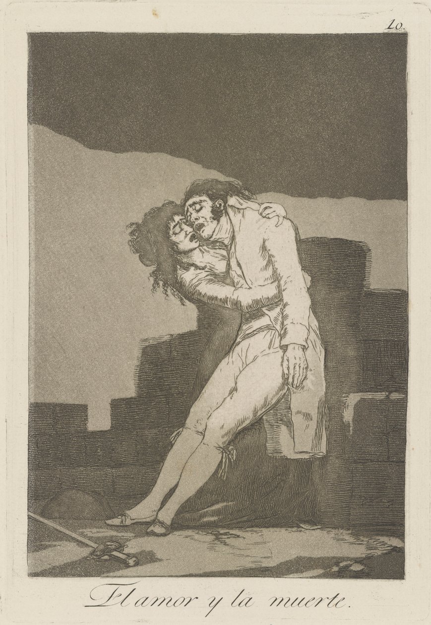 Liefde en dood (plaat 10 uit de serie Los caprichos) door Francisco de Goya