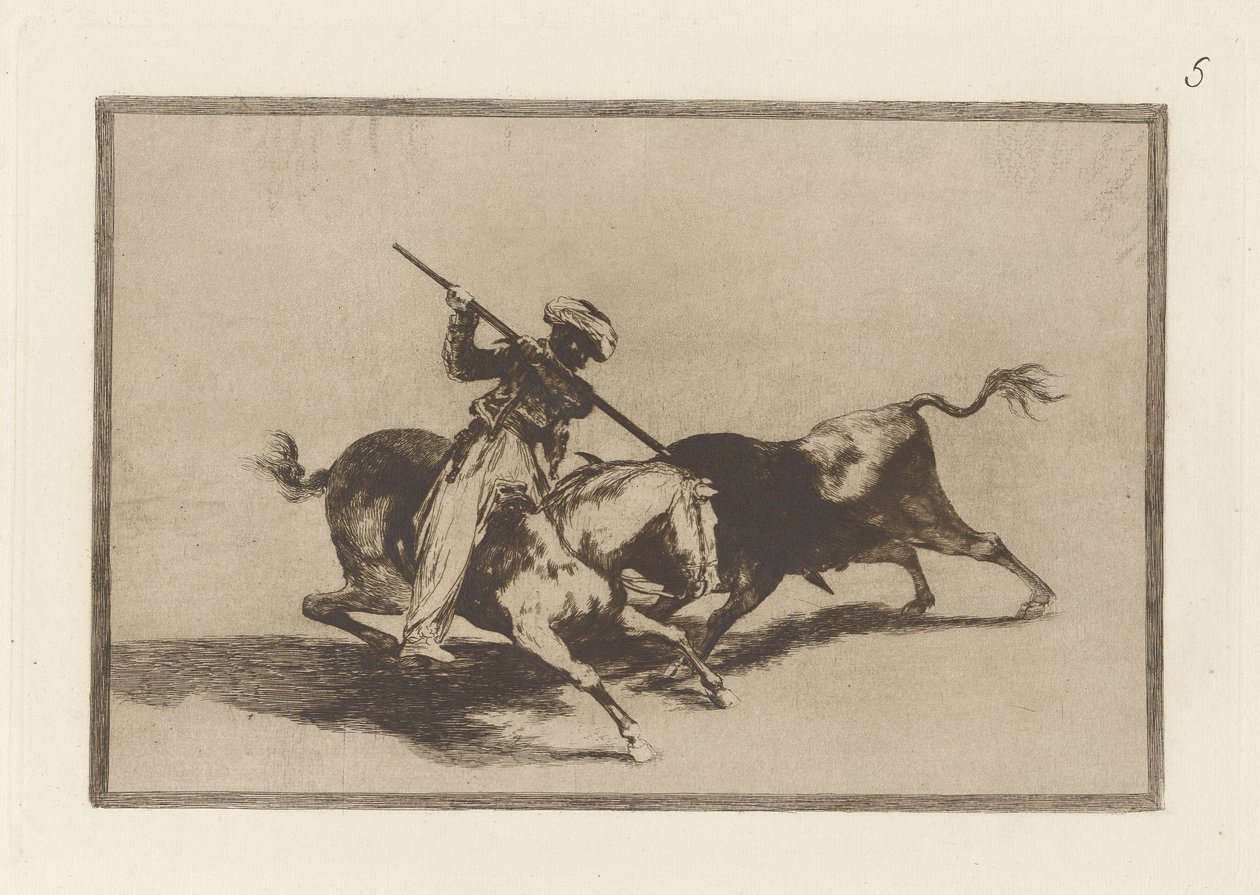 De moedige Moor Gazul is de eerste die stieren volgens de regels speert, Plaat 5 uit La tauromaquia door Francisco de Goya