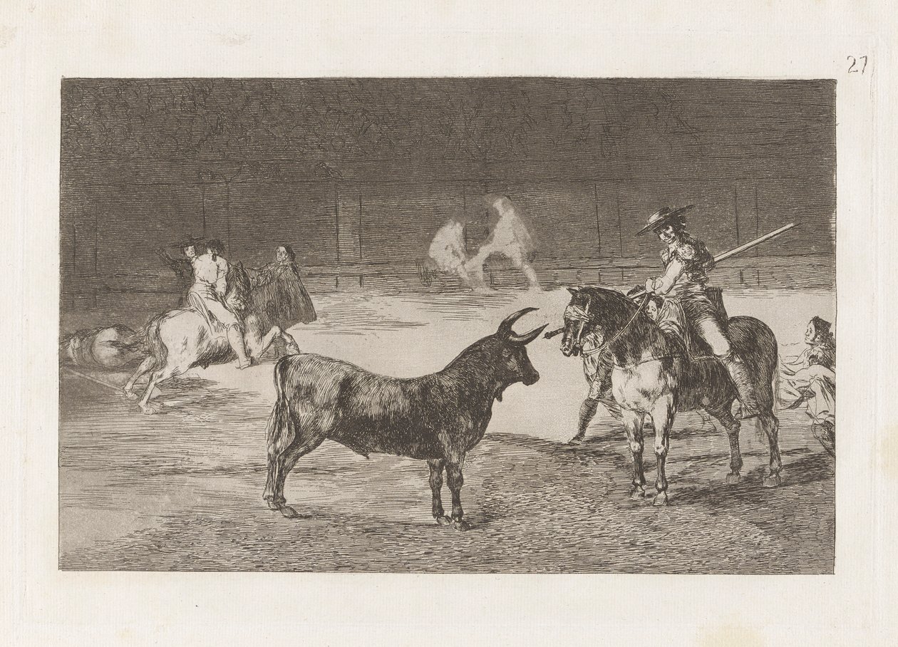 De beroemde picador, Fernando del Toro, lokt het woeste beest met zijn piek, Plaat 27 uit La tauromaquia door Francisco de Goya