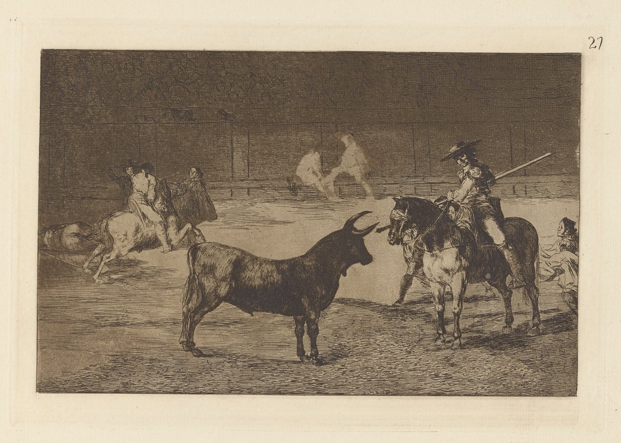 El célebre Fernando del Toro, barilarguero, obligando a la fiera con su garrocha (De Beroemde Picador, Fernando del Toro, Lokt het Woeste Beest met zijn Piek), Plaat 27 uit La tauromaquia door Francisco de Goya
