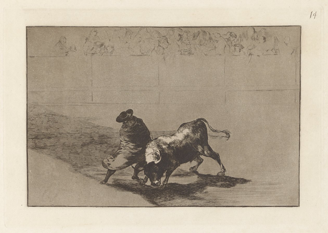 El diestrísimo estudiante de Falces, embozado burla al toro con sus quiebros, Plaat 14 uit La tauromaquia door Francisco de Goya